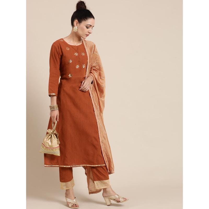 Mukaish Work Kurta Set - Rust Brown - Charkha TalesMukaish Work Kurta Set - Rust Brown
