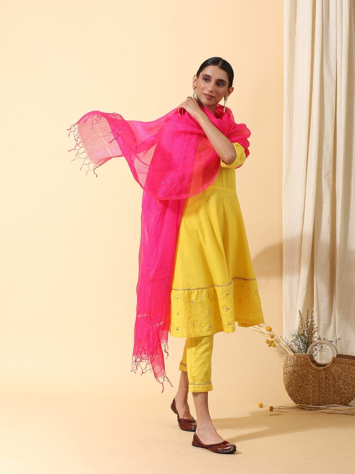 Mukaish Work Kurta set - Yellow - Charkha TalesMukaish Work Kurta set - Yellow