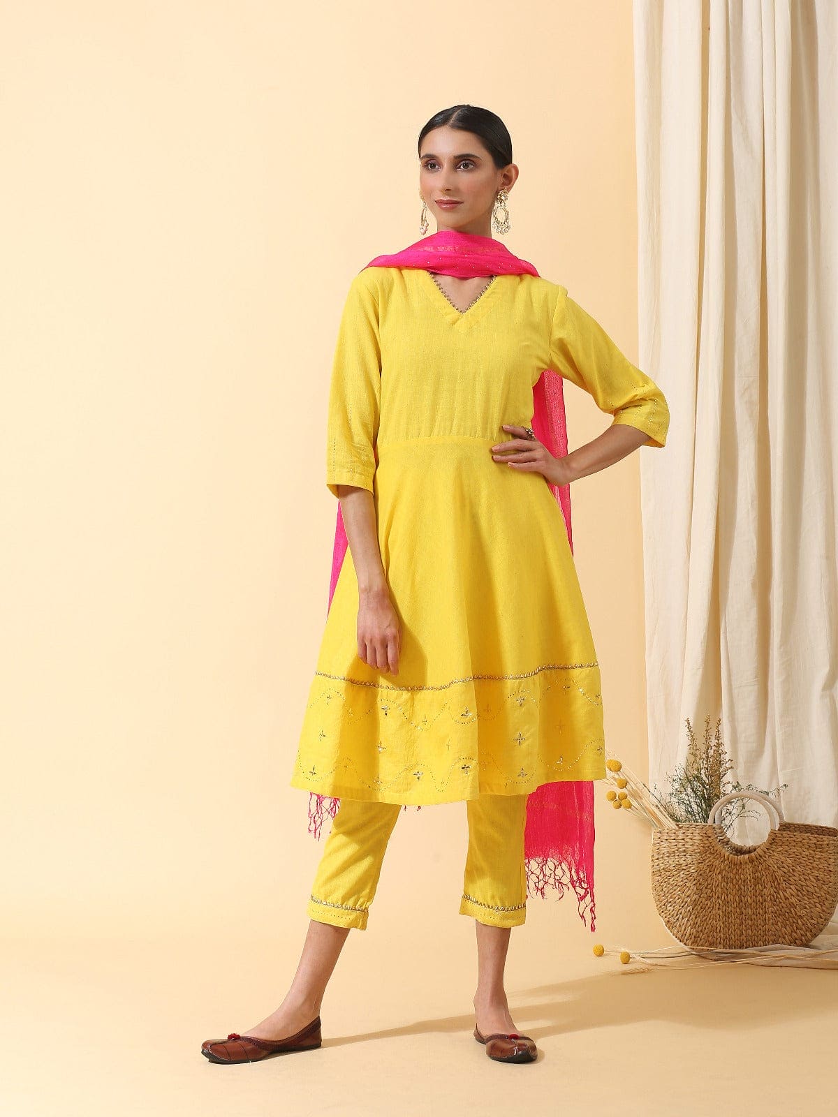 Mukaish Work Kurta set - Yellow - Charkha TalesMukaish Work Kurta set - Yellow