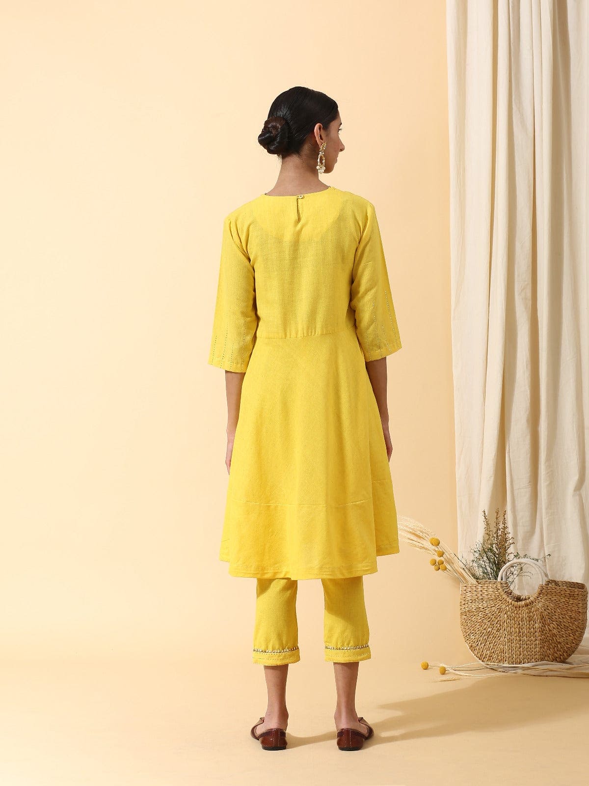 Mukaish Work Kurta set - Yellow - Charkha TalesMukaish Work Kurta set - Yellow