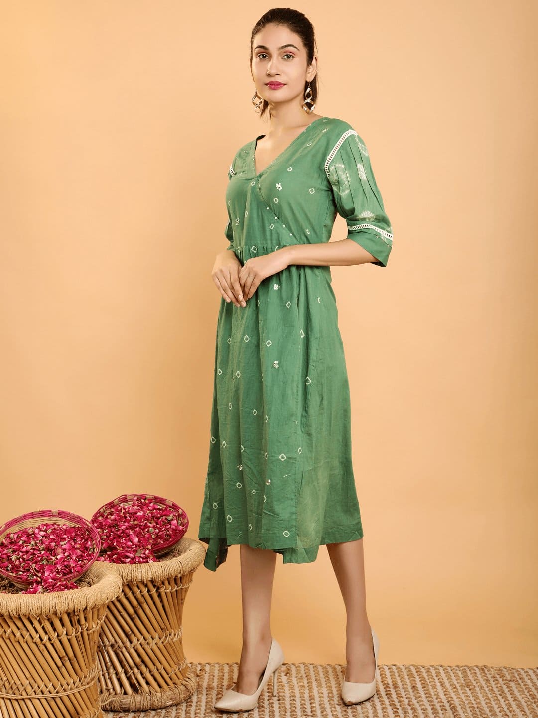Mul Tie Dye Dress - Green - Charkha TalesMul Tie Dye Dress - Green