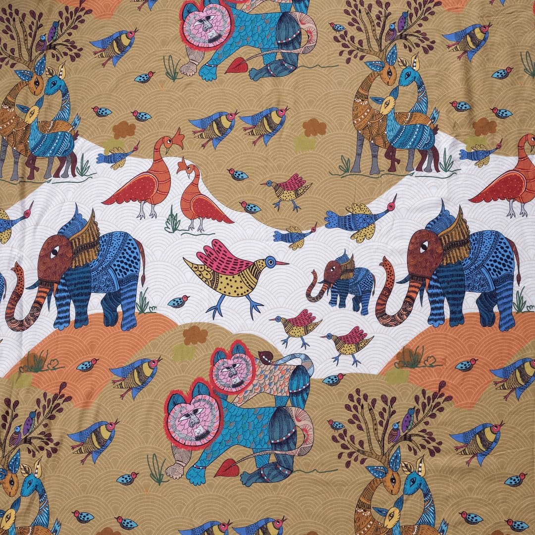 Multicolor Gond Digital Chanderi Fabric - Charkha TalesMulticolor Gond Digital Chanderi Fabric