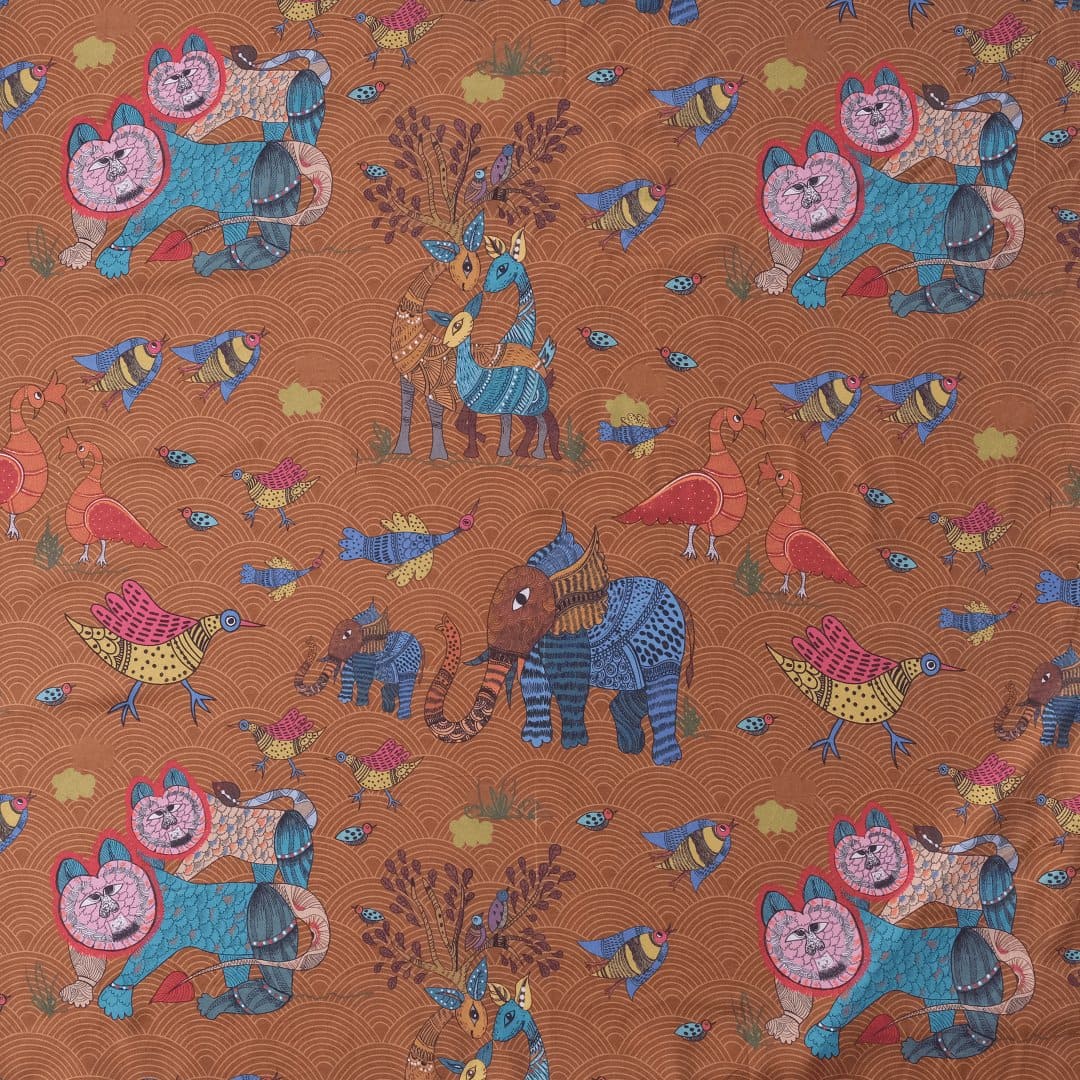 Multicolor Gond Print Silk Fabric - Charkha TalesMulticolor Gond Print Silk Fabric
