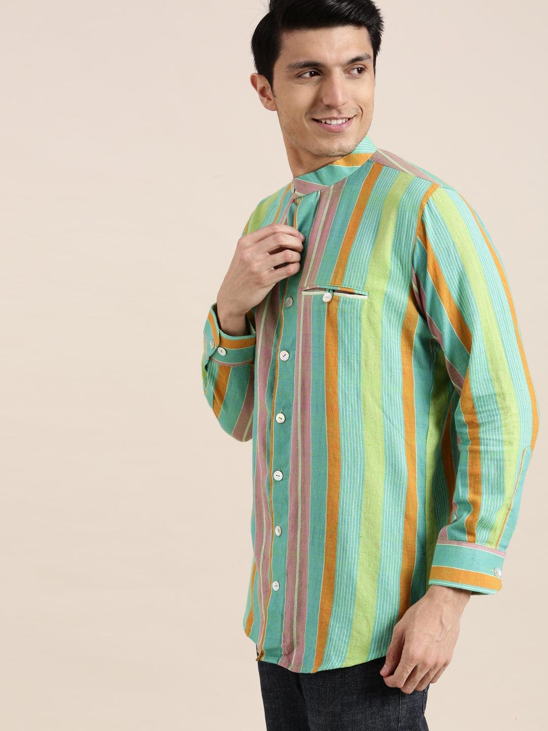 Multicolour Handwoven Men Shirt - Charkha TalesMulticolour Handwoven Men Shirt