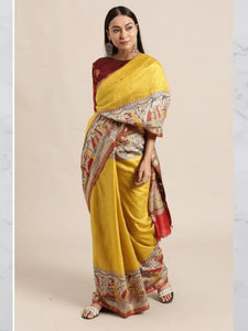 Madhubani Print Silk Saree - Mustard
