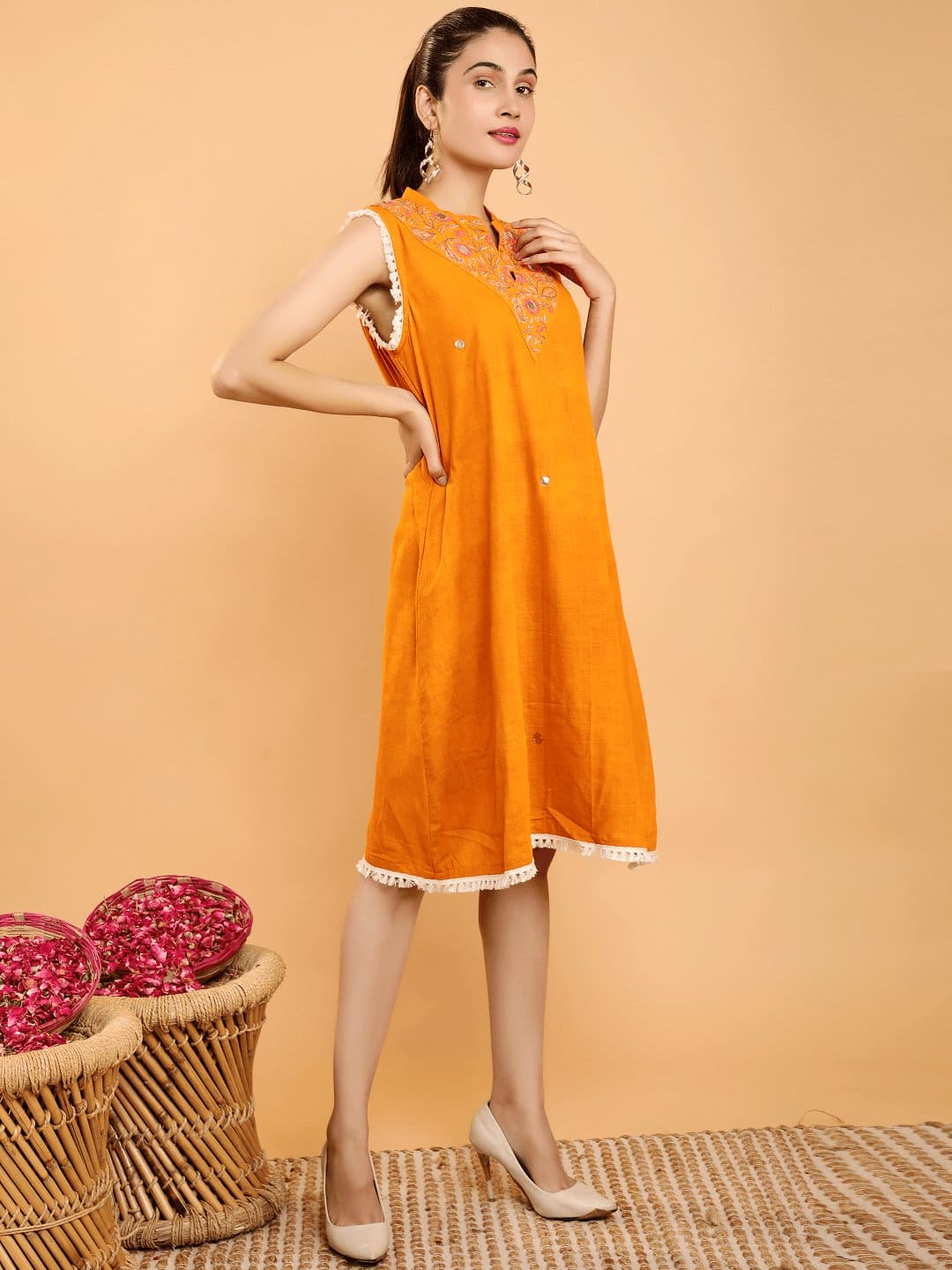 Mustard Yellow Cotton Boho Chikankari Dress - Charkha TalesMustard Yellow Cotton Boho Chikankari Dress