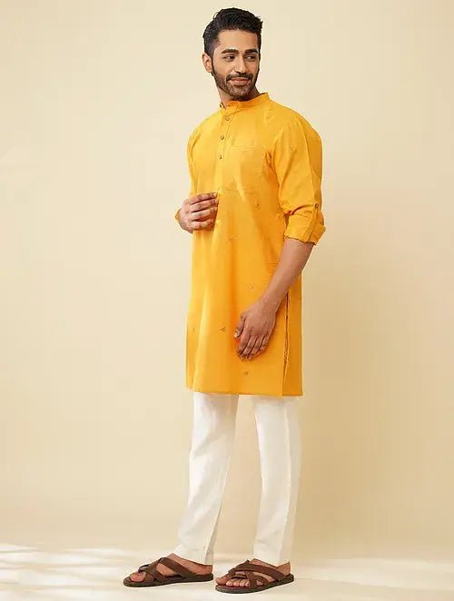 Mustard Yellow Kantha Cotton Kurta - Charkha TalesMustard Yellow Kantha Cotton Kurta