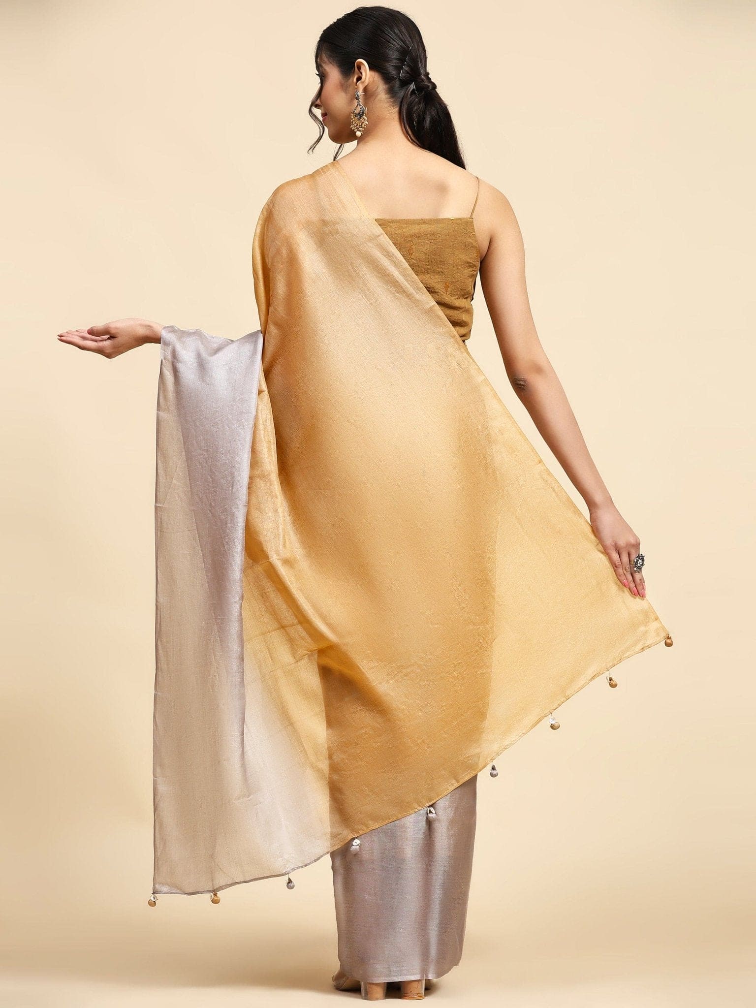Mustured Yellow &amp; Copper Tussar Silk Saree - Charkha TalesMustured Yellow &amp; Copper Tussar Silk Saree