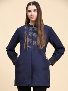 Cotton Kantha Women Jacket - Navy Blue