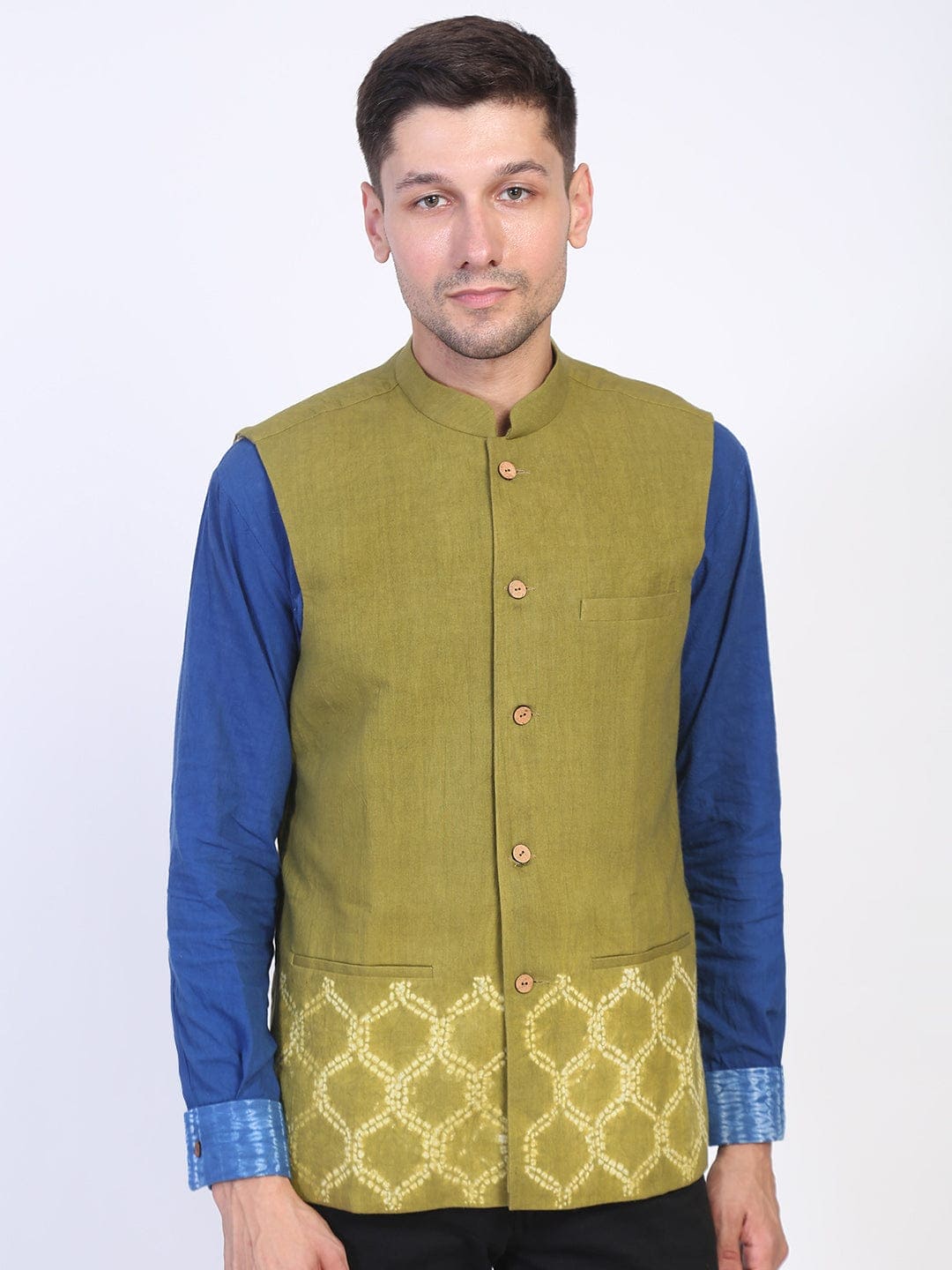 Nehru Tie Dye Jacket - Olive Green - Charkha TalesNehru Tie Dye Jacket - Olive Green