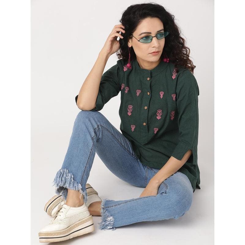Nordic Women Top - Bottle Green - Charkha TalesNordic Women Top - Bottle Green