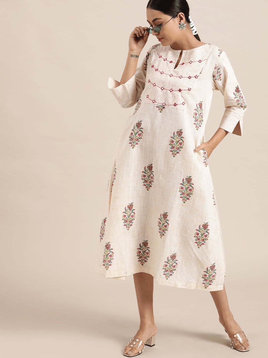 Off-White Block Print Cotton Dress - Charkha TalesOff-White Block Print Cotton Dress