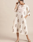 Off-White Block Print Cotton Dress - Charkha TalesOff-White Block Print Cotton Dress