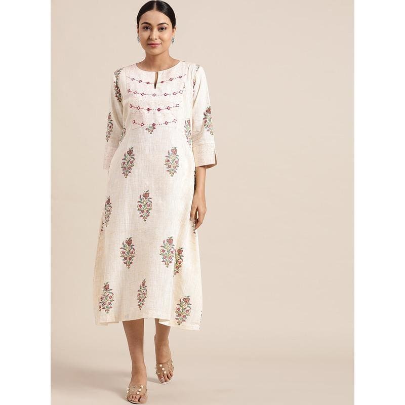 Off-White Block Print Cotton Dress - Charkha TalesOff-White Block Print Cotton Dress