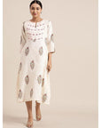 Off-White Block Print Cotton Dress - Charkha TalesOff-White Block Print Cotton Dress