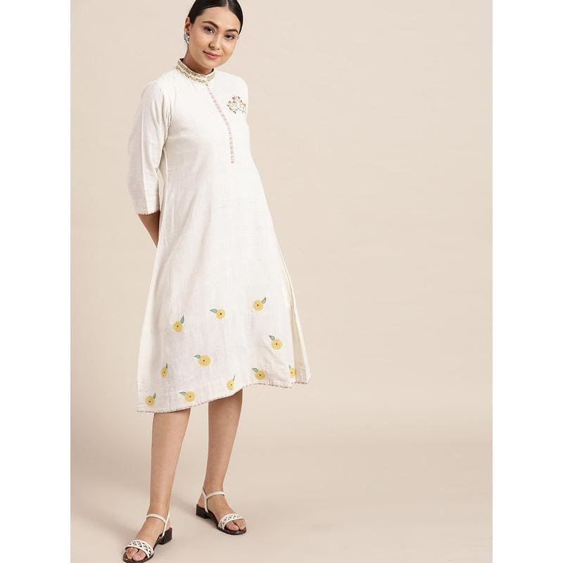 Off-White Floral Embroidered Dress - Charkha TalesOff-White Floral Embroidered Dress