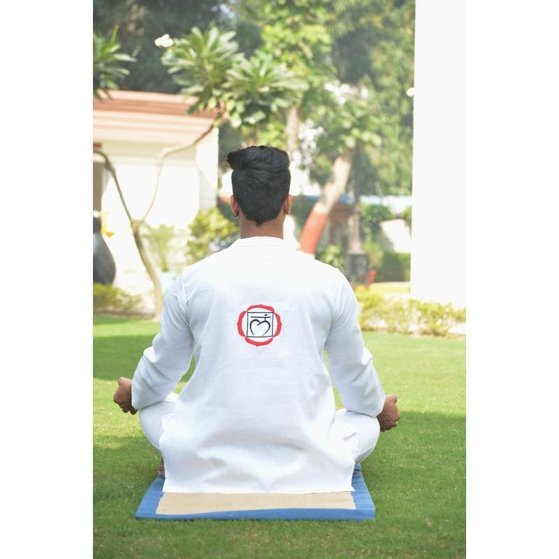 Off-White Khadi Dyan Motif Yoga Kurta Set - Charkha TalesOff-White Khadi Dyan Motif Yoga Kurta Set
