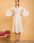 Off-White Lurex Stripe Hand Embroidered Dress - Charkha TalesOff-White Lurex Stripe Hand Embroidered Dress