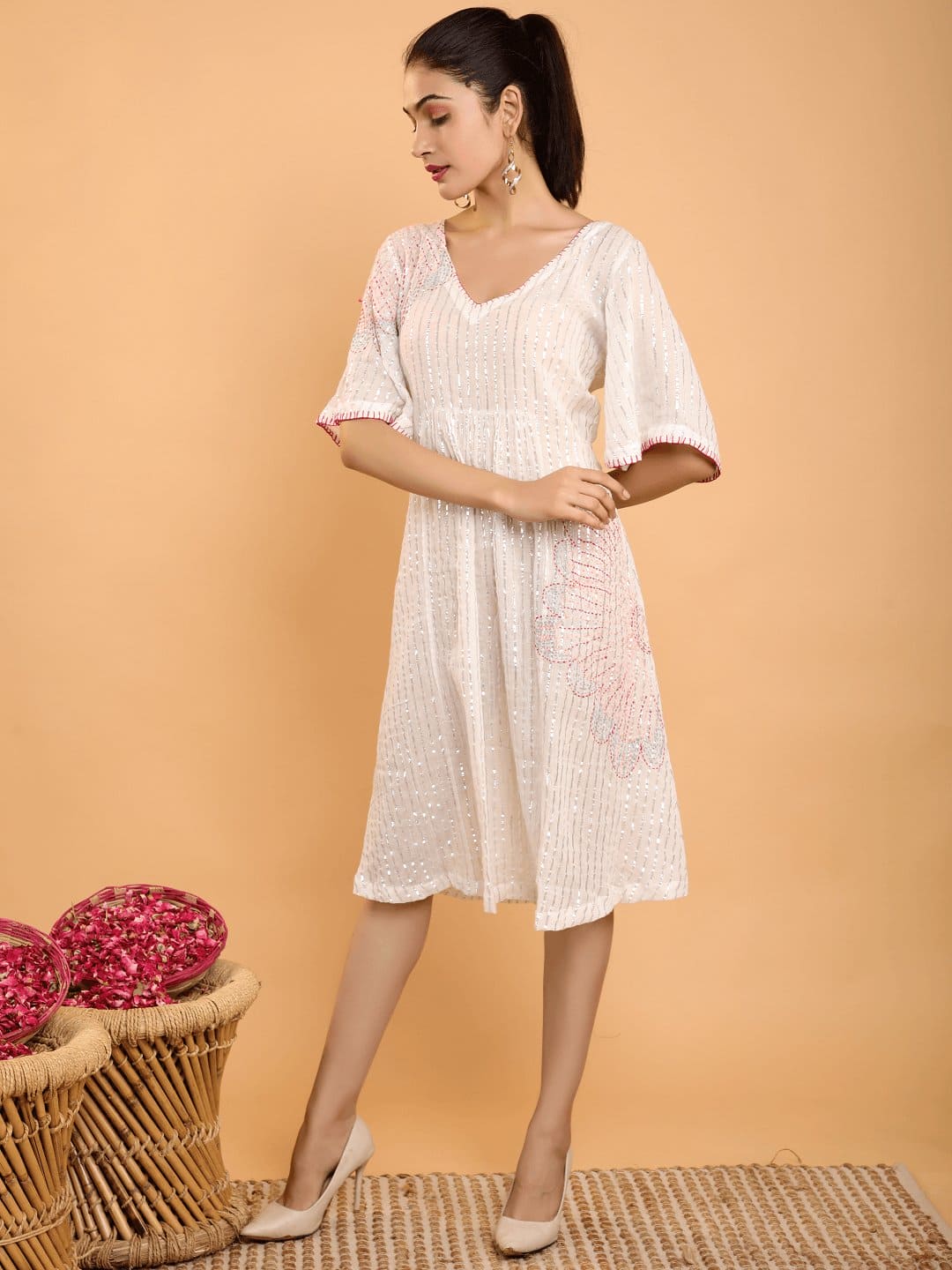 Off White Multi - Kantha Embroidery Dress - Silver - Charkha TalesOff White Multi - Kantha Embroidery Dress - Silver