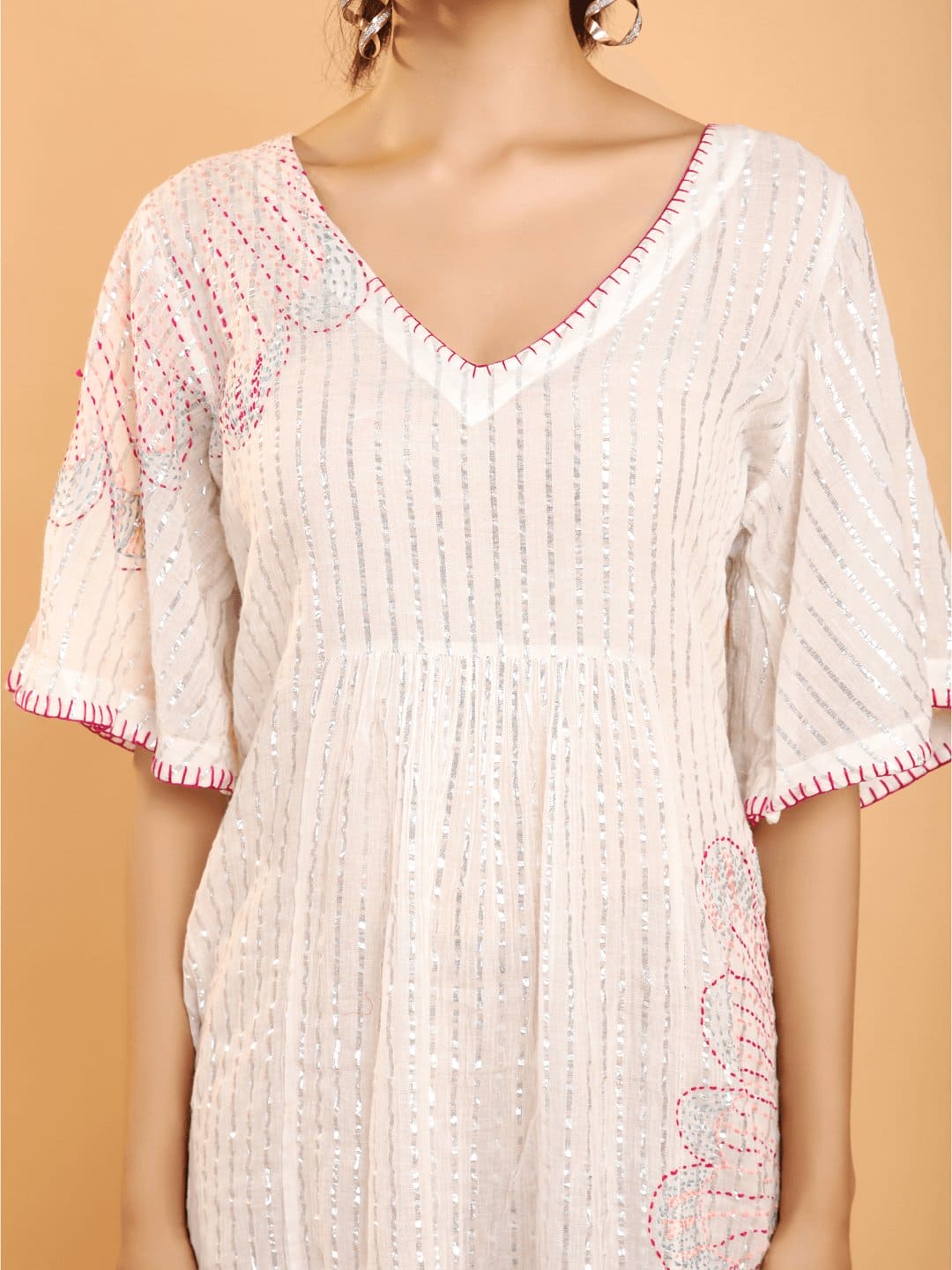 Off White Multi - Kantha Embroidery Dress - Silver - Charkha TalesOff White Multi - Kantha Embroidery Dress - Silver