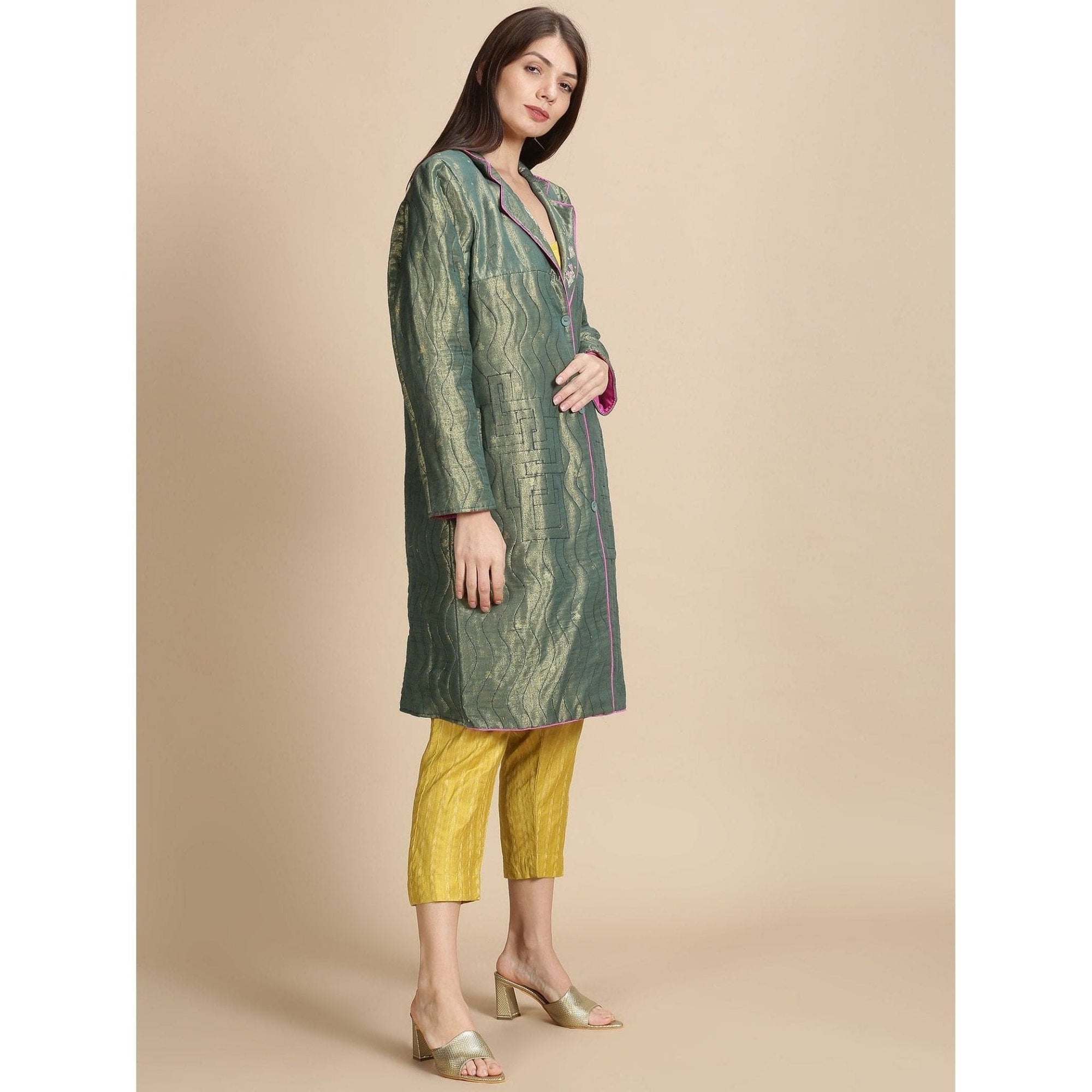 Olive Banarsi Zari Quilted Jacket - Charkha TalesOlive Banarsi Zari Quilted Jacket