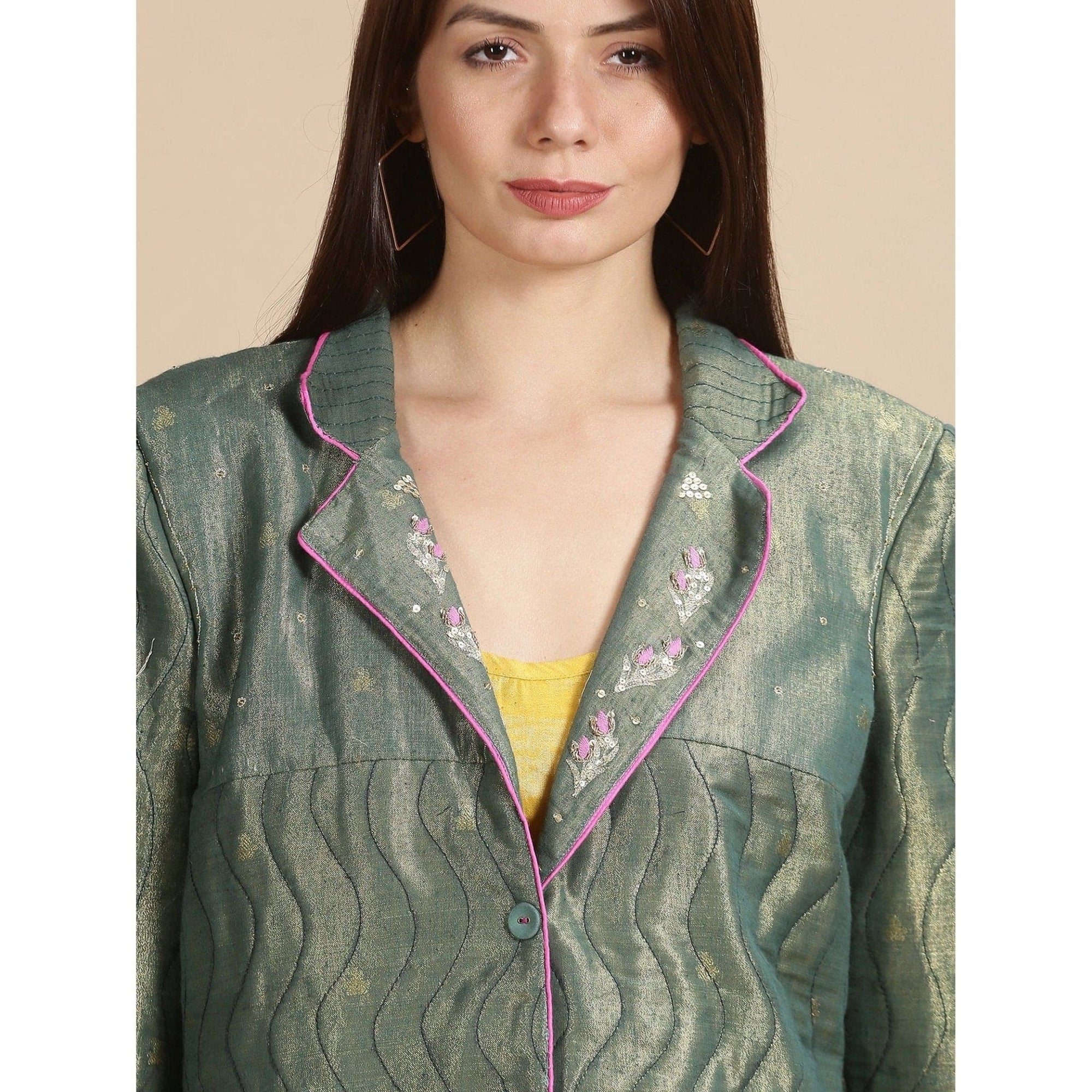 Olive Banarsi Zari Quilted Jacket - Charkha TalesOlive Banarsi Zari Quilted Jacket