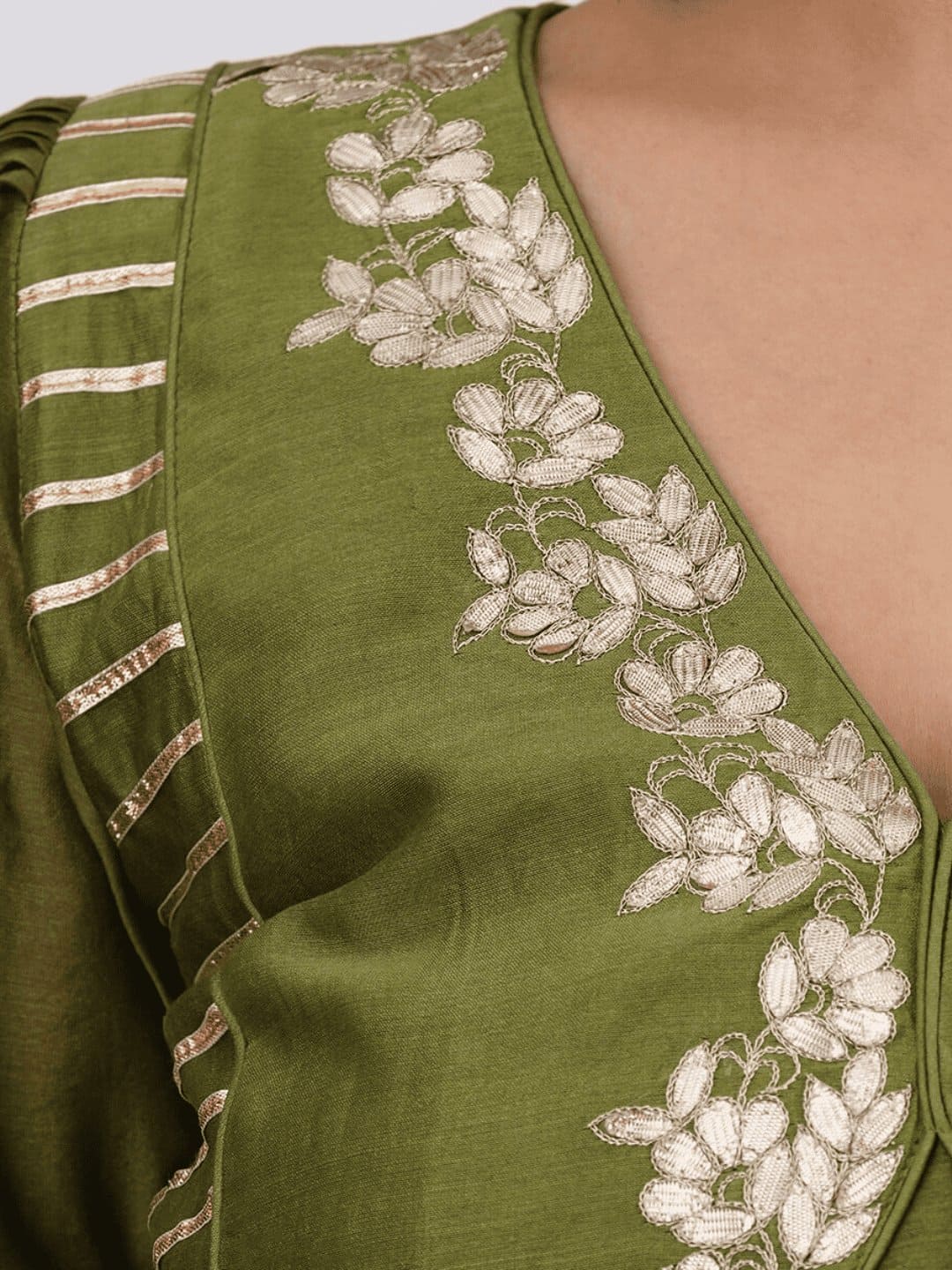 Olive Green Gota Chanderi Silk Blouse - Charkha TalesOlive Green Gota Chanderi Silk Blouse