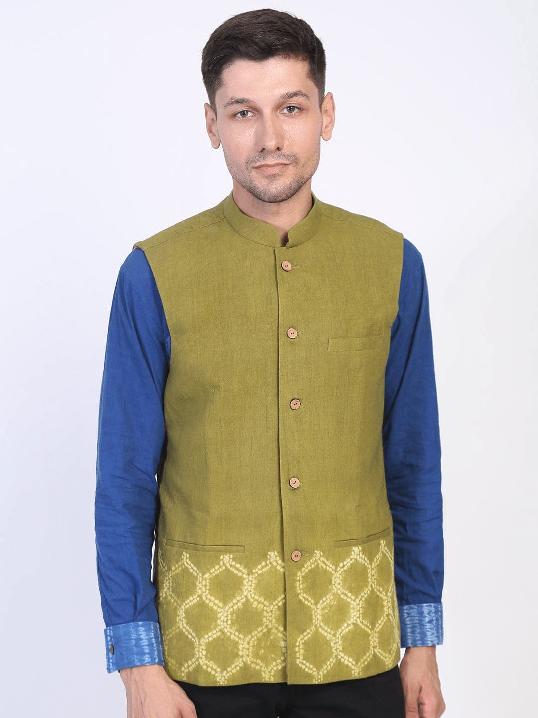 Olive Green Nehru Tie Dye Jacket - Charkha TalesOlive Green Nehru Tie Dye Jacket