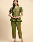 Olive Green Patch Work Co-ord Set - Charkha TalesOlive Green Patch Work Co-ord Set