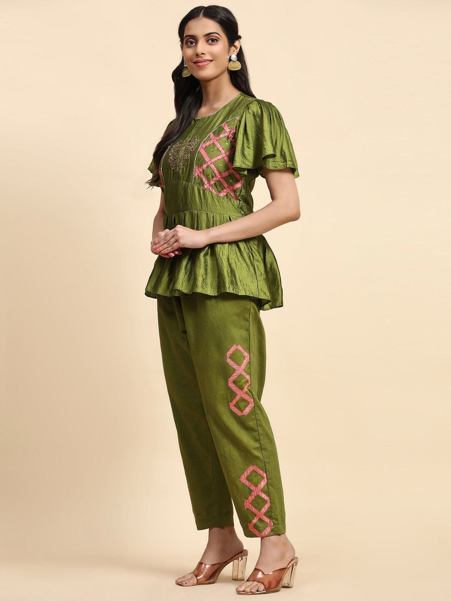 Olive Green Patch Work Co-ord Set - Charkha TalesOlive Green Patch Work Co-ord Set