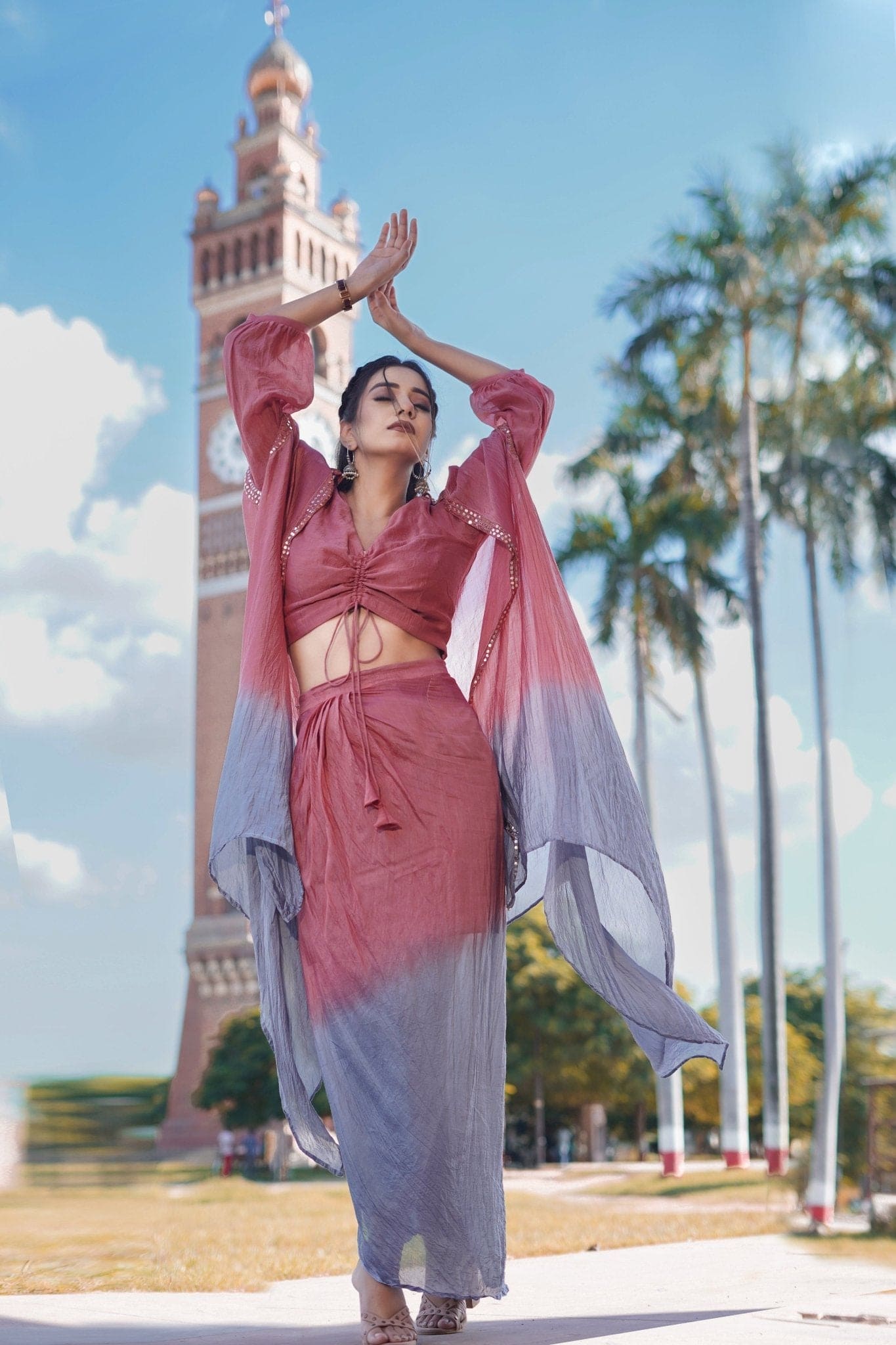 Ombre Silk Top Drape Skirt Set - Pink & Grey - Charkha TalesOmbre Silk Top Drape Skirt Set - Pink & Grey