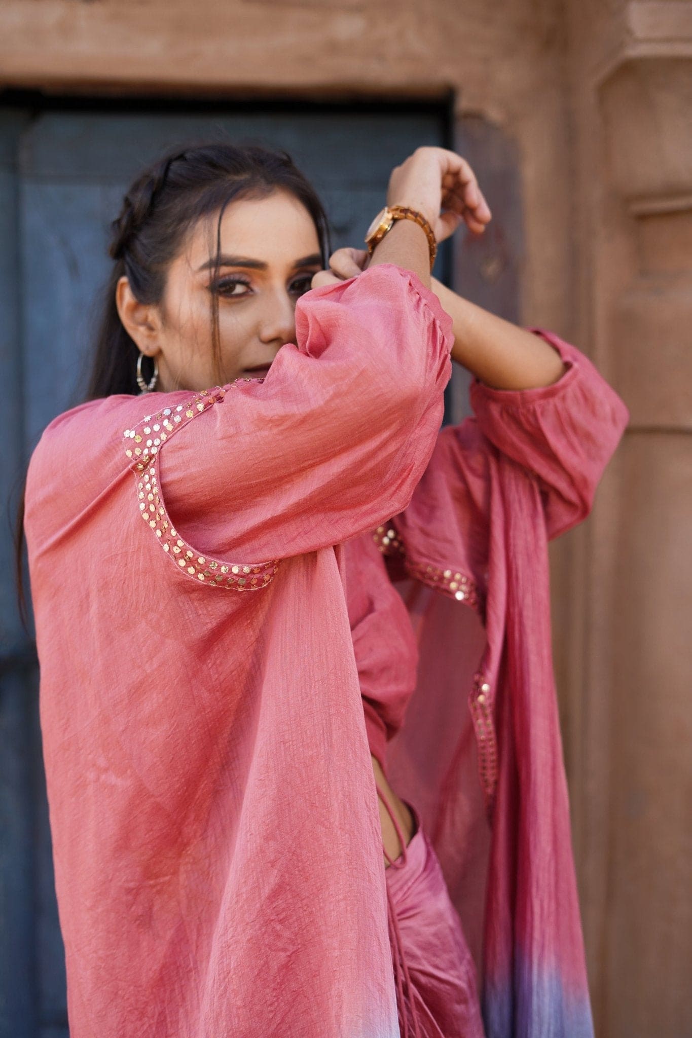 Ombre Silk Top Drape Skirt Set - Pink & Grey - Charkha TalesOmbre Silk Top Drape Skirt Set - Pink & Grey