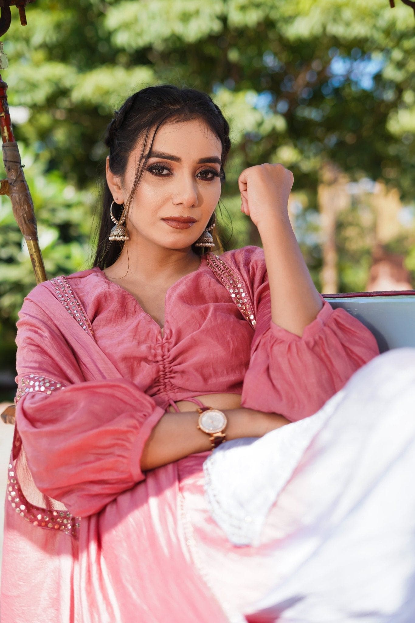 Ombre Silk Top Drape Skirt Set - Pink & Grey - Charkha TalesOmbre Silk Top Drape Skirt Set - Pink & Grey