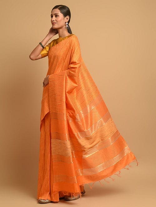 Orange Ghiccha Silk Saree - Charkha TalesOrange Ghiccha Silk Saree