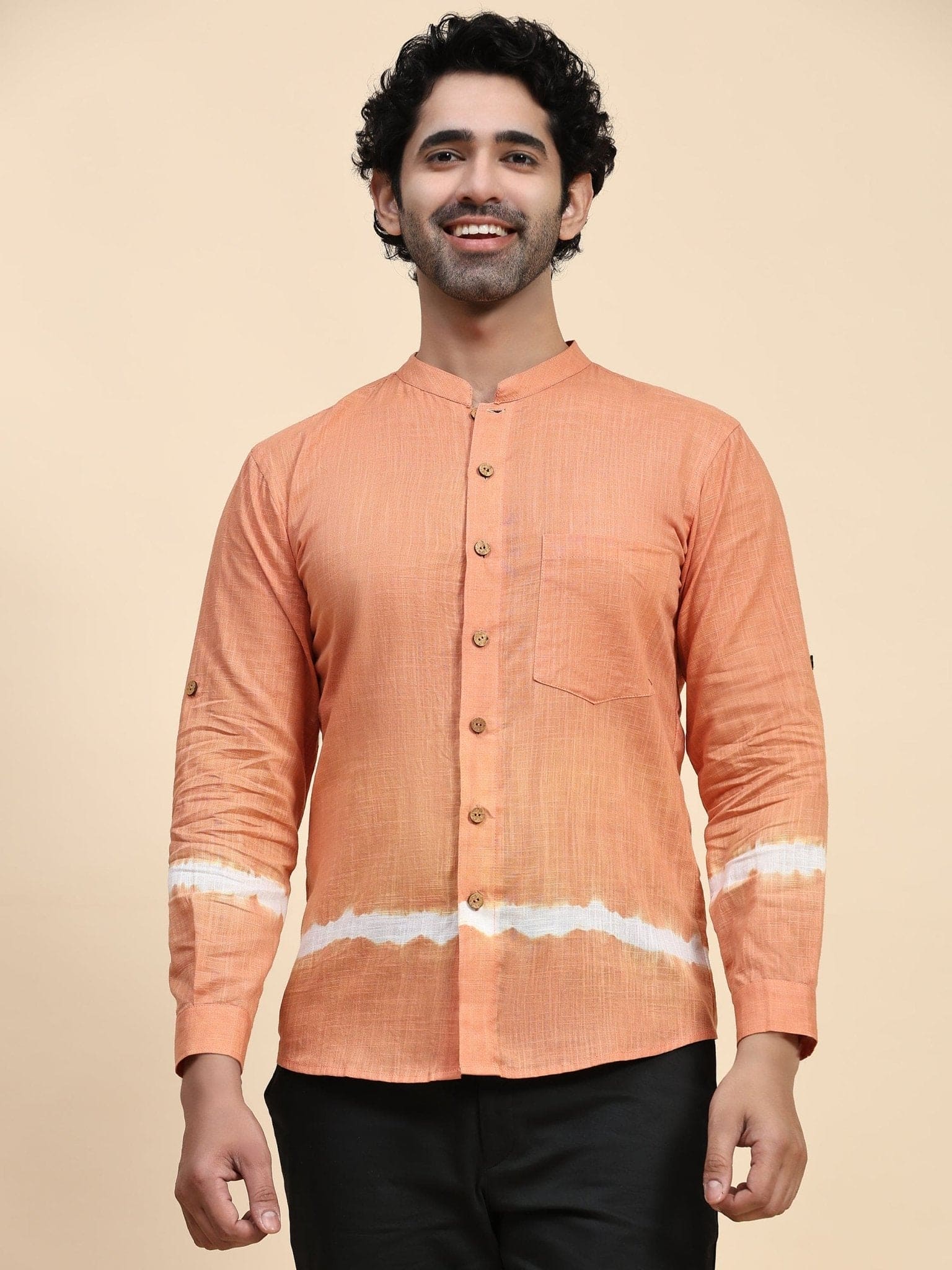 Orange Hand Dyed Cotton Men Shirt - Charkha TalesOrange Hand Dyed Cotton Men Shirt