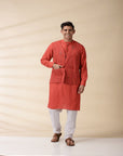 Orange Khadi Men's Nehru Jacket & Kurta Set - Charkha TalesOrange Khadi Men's Nehru Jacket & Kurta Set
