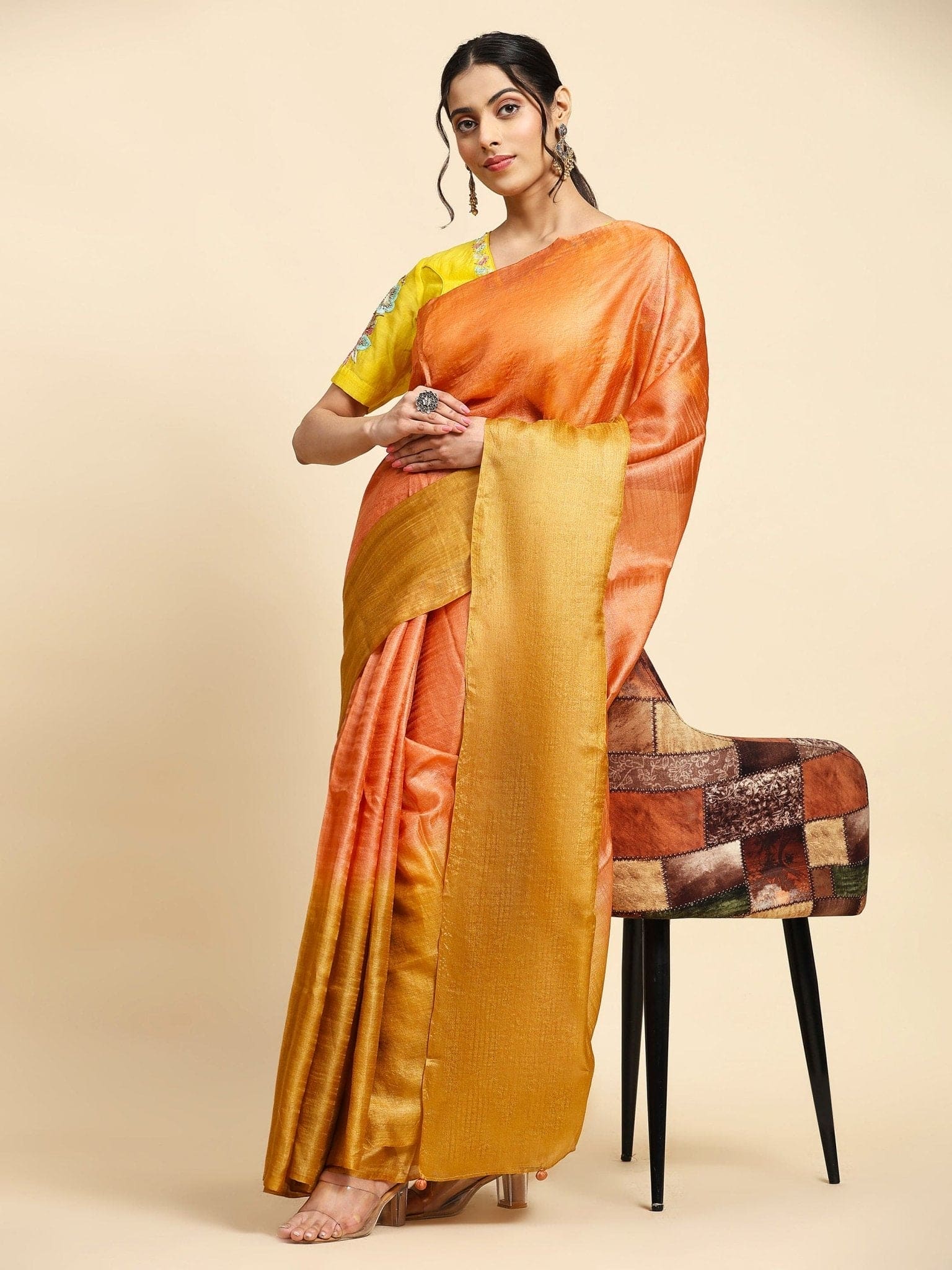 Orange &amp; Mustured Yellow Tussar Silk Sarees - Charkha TalesOrange &amp; Mustured Yellow Tussar Silk Sarees