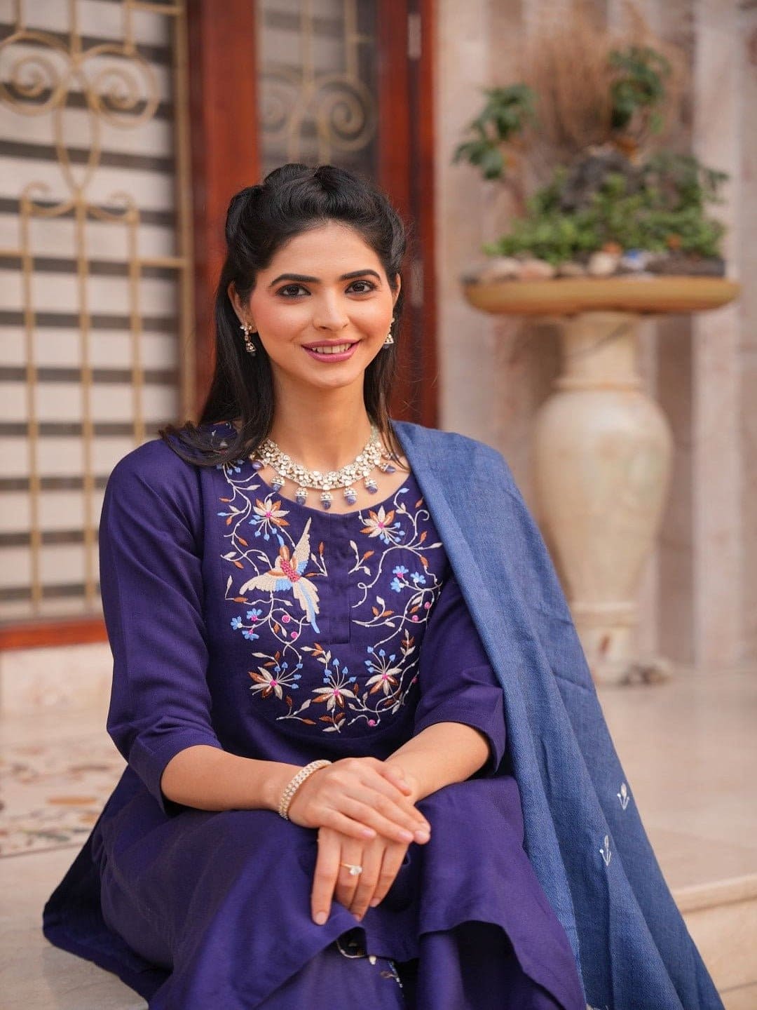 Parsi Wool Embroidered Kurta Set - Blue - Charkha TalesParsi Wool Embroidered Kurta Set - Blue