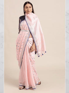 Linen Floral Embroidered Saree - Pastel Pink