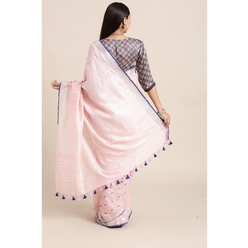 Pastel Pink Linen Floral Embroidered Saree - Charkha TalesPastel Pink Linen Floral Embroidered Saree