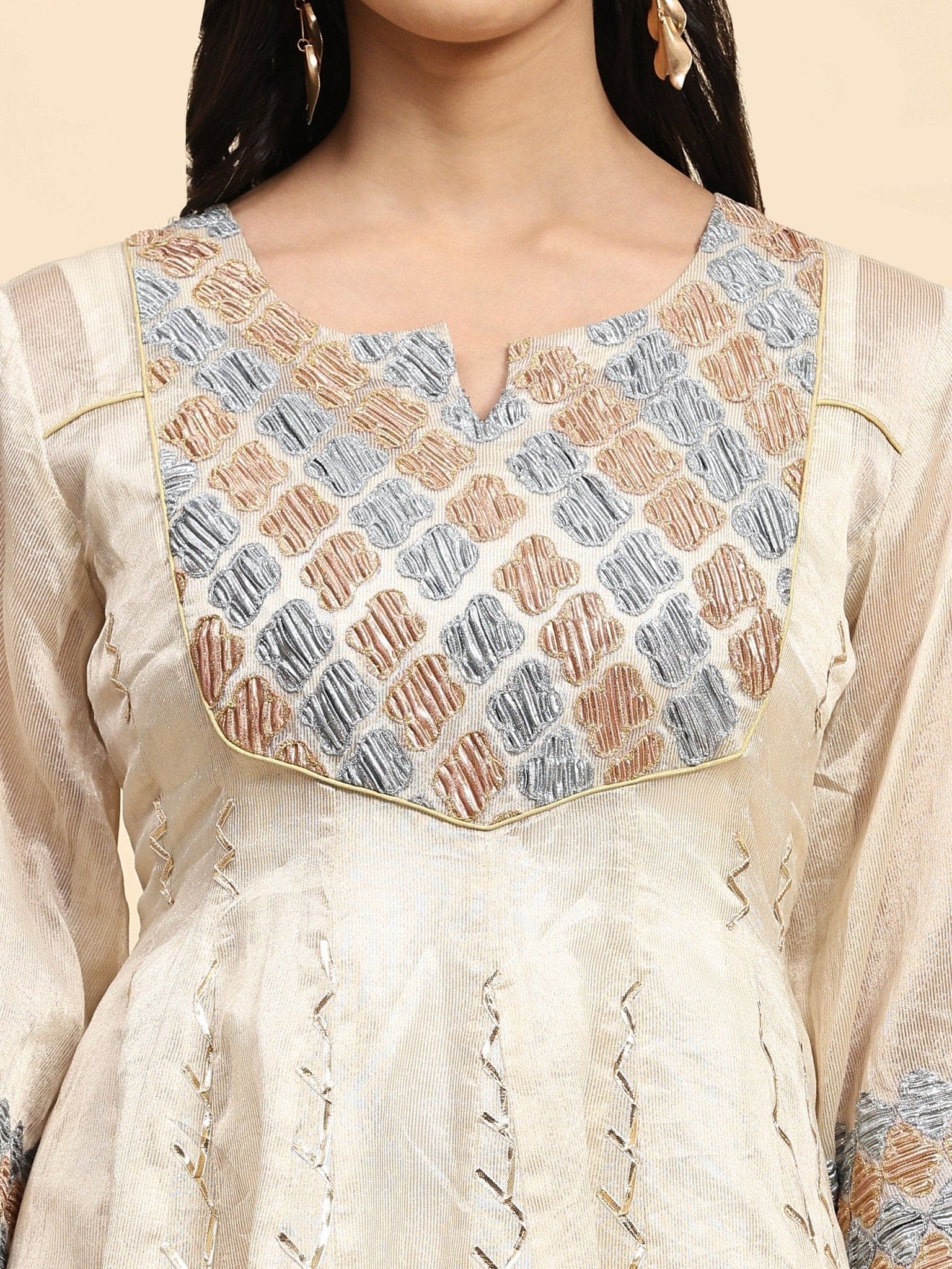 Patch Work Kurta Set - Off - White - Charkha TalesPatch Work Kurta Set - Off - White