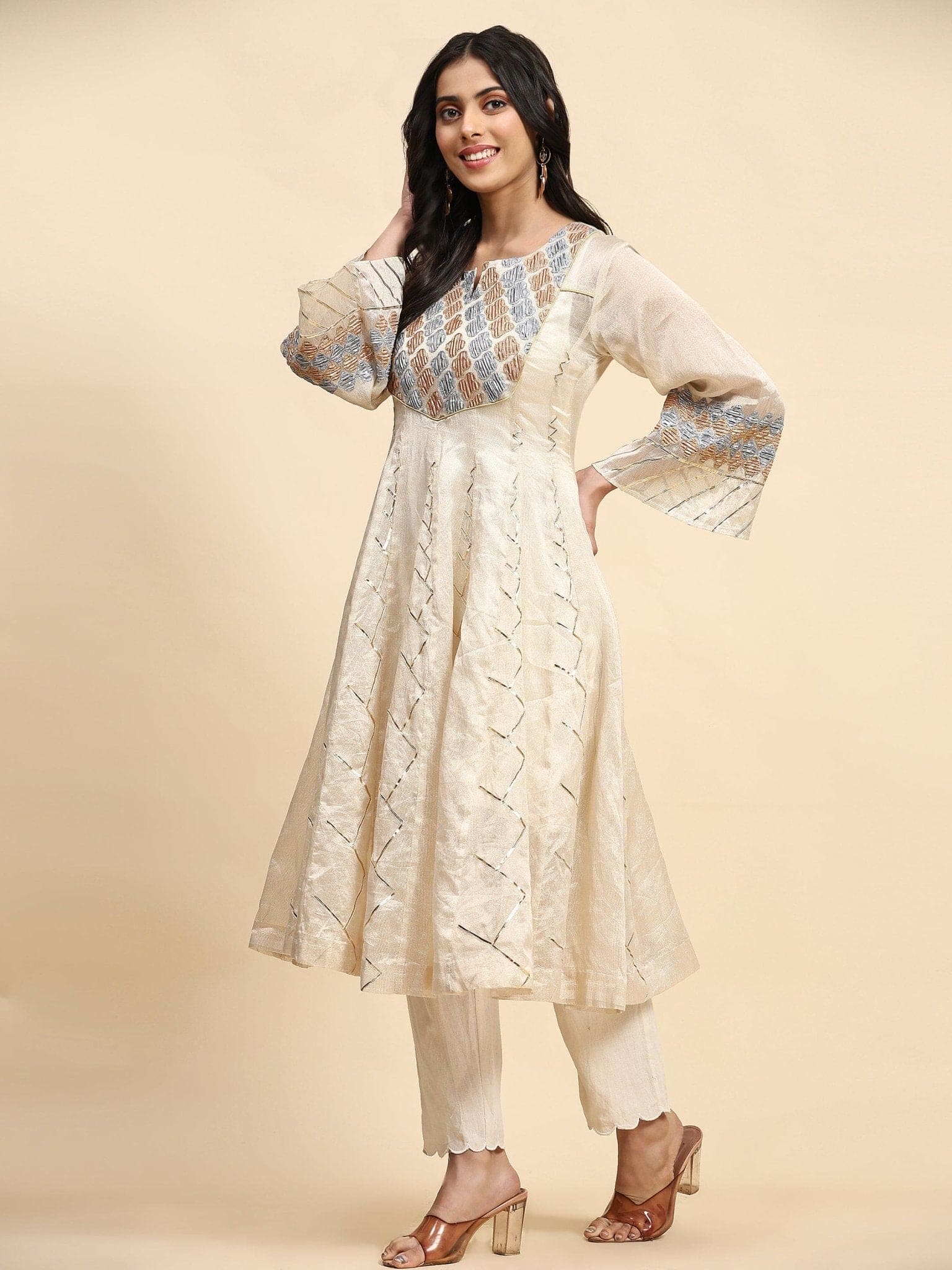 Patch Work Kurta Set - Off - White - Charkha TalesPatch Work Kurta Set - Off - White