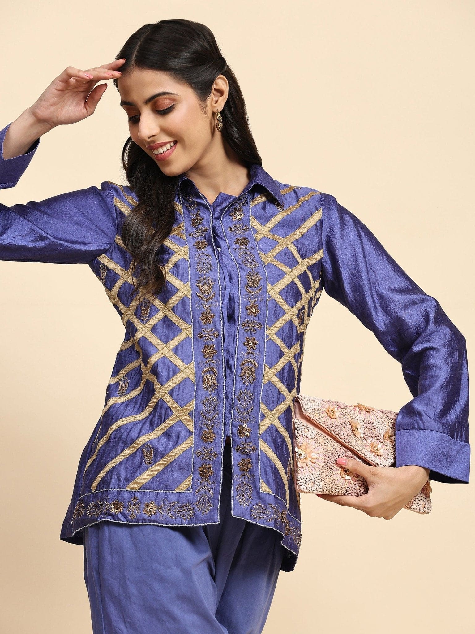 Patch Work Silk Co - ord Set - Blue - Charkha TalesPatch Work Silk Co - ord Set - Blue