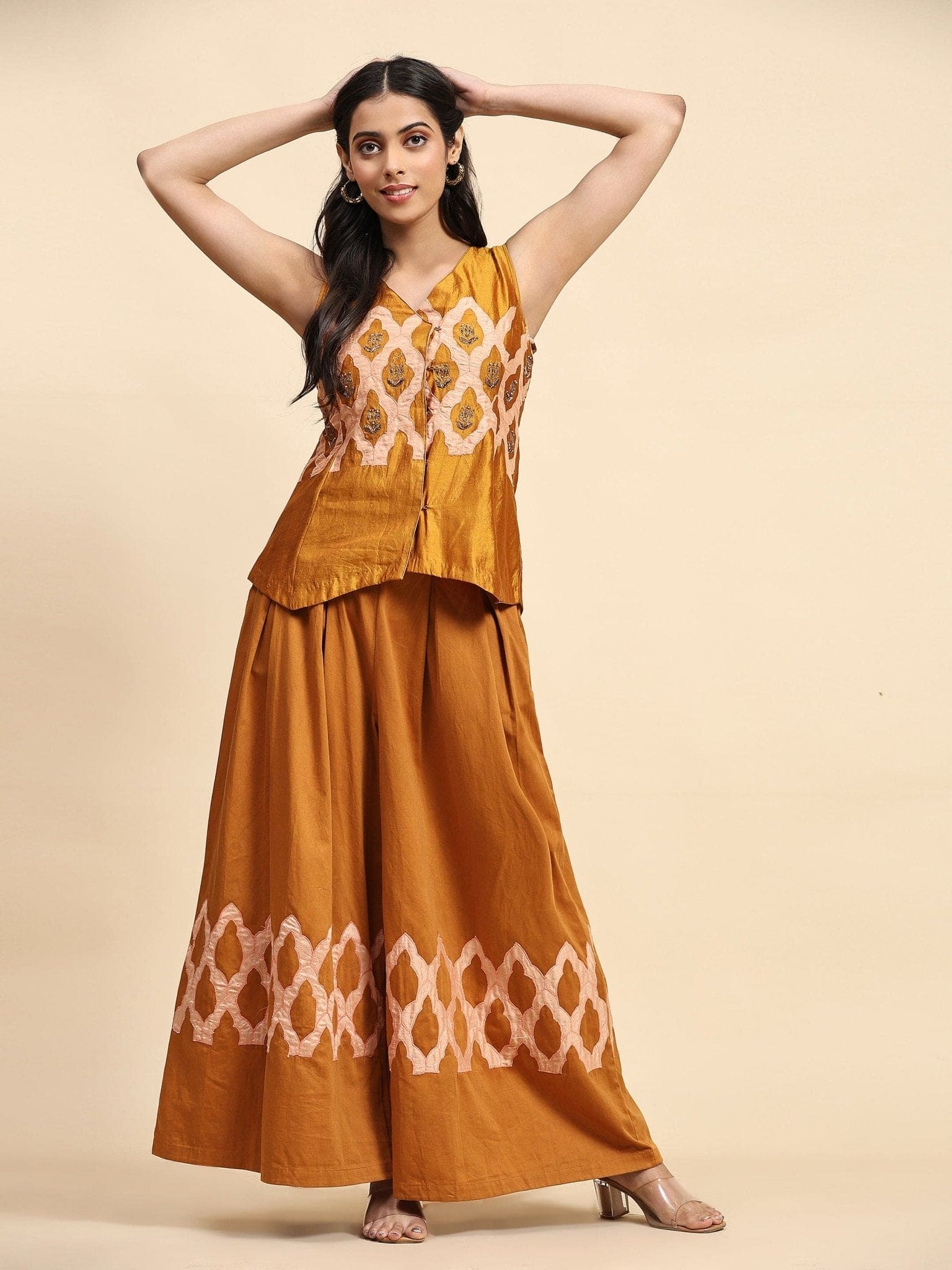 Patch Work Silk Co - ord Set - Mustard - Charkha TalesPatch Work Silk Co - ord Set - Mustard