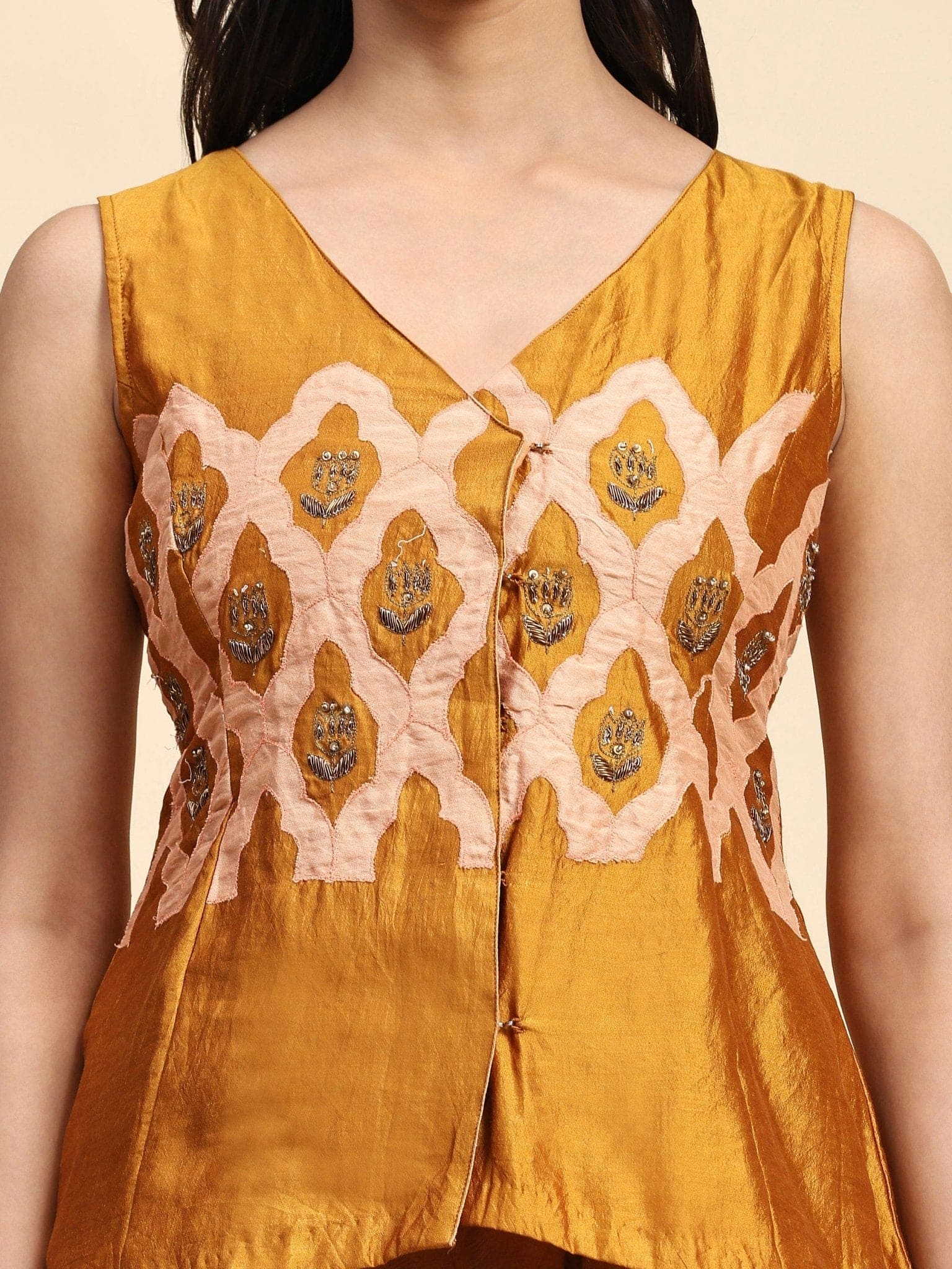 Patch Work Silk Co - ord Set - Mustard - Charkha TalesPatch Work Silk Co - ord Set - Mustard