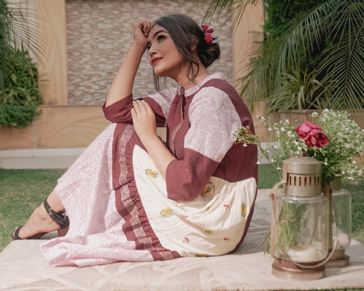 Patch Wôrk Upcycled Cotton Dress - Maroon - Charkha TalesPatch Wôrk Upcycled Cotton Dress - Maroon