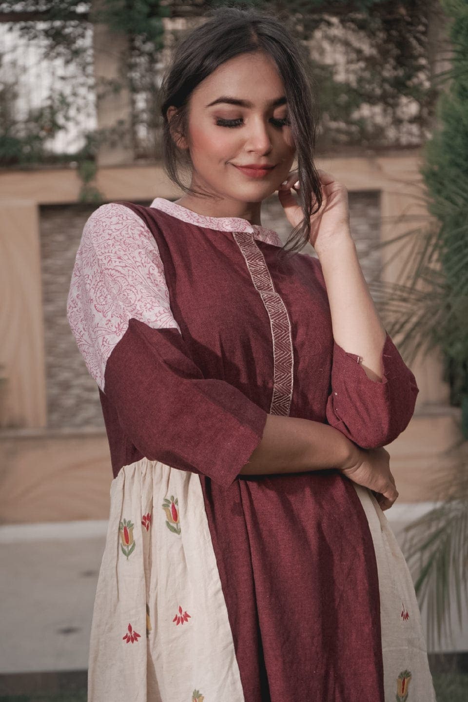 Patch Wôrk Upcycled Cotton Dress - Maroon - Charkha TalesPatch Wôrk Upcycled Cotton Dress - Maroon