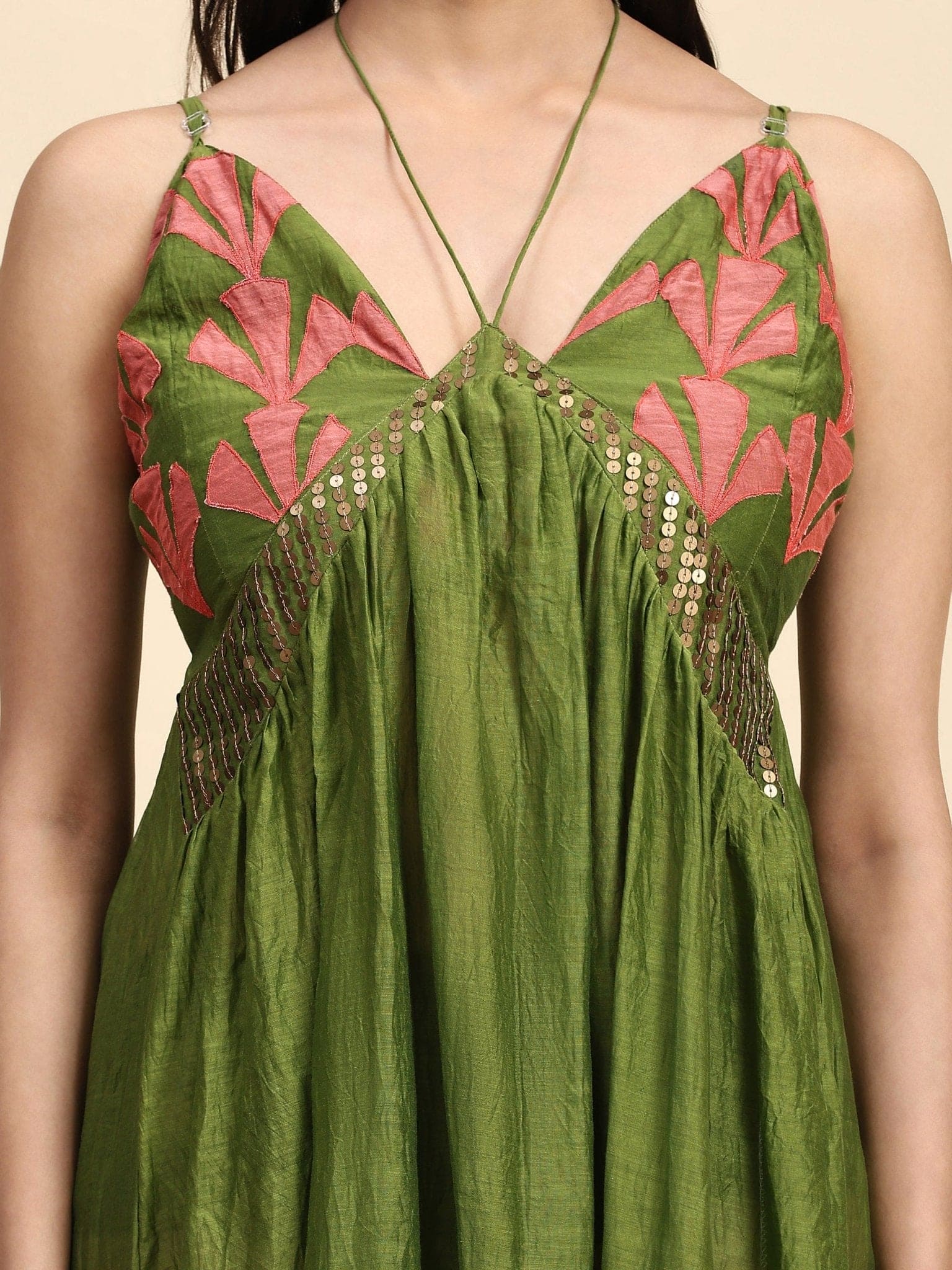 Patch Work With Zardozi Pure Silk Dress - Green - Charkha TalesPatch Work With Zardozi Pure Silk Dress - Green