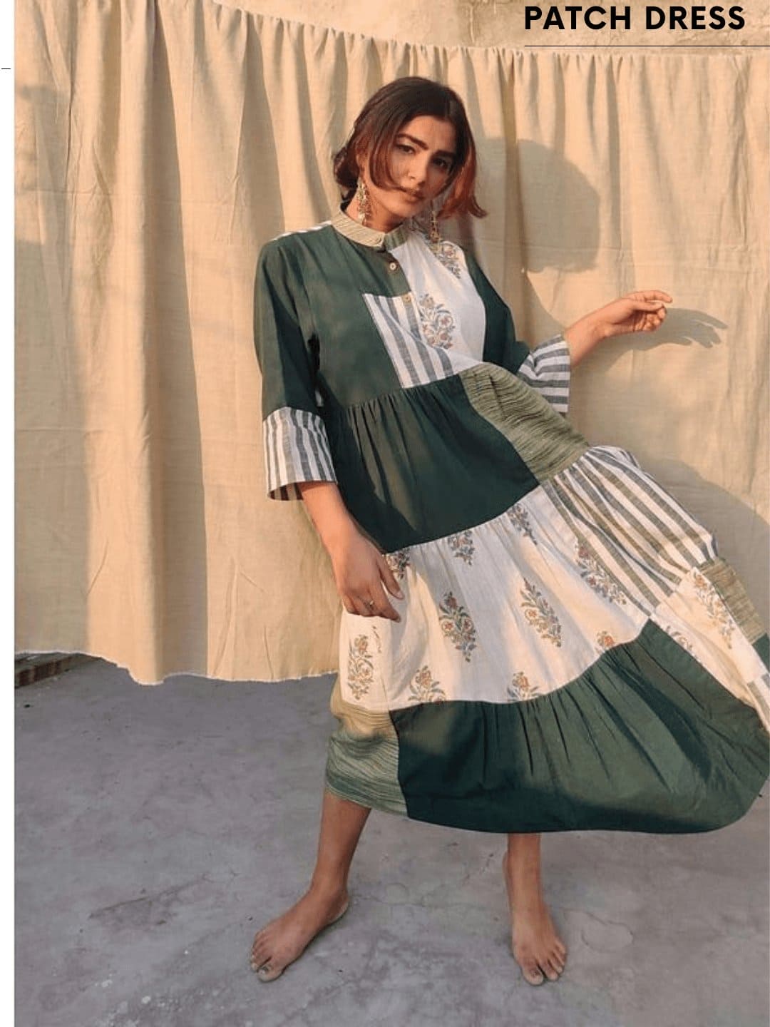 Patched Upcycled Khadi Dress - Green - Charkha TalesPatched Upcycled Khadi Dress - Green