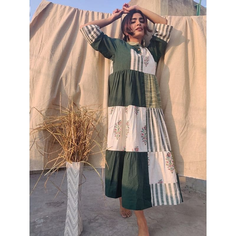 Patched Upcycled Khadi Dress - Green - Charkha TalesPatched Upcycled Khadi Dress - Green